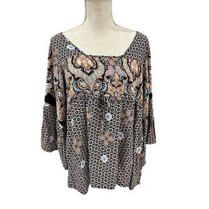 Haute Project Womens XL Bohemian Paisley Geometric Print Blouse/Bell Sleeves